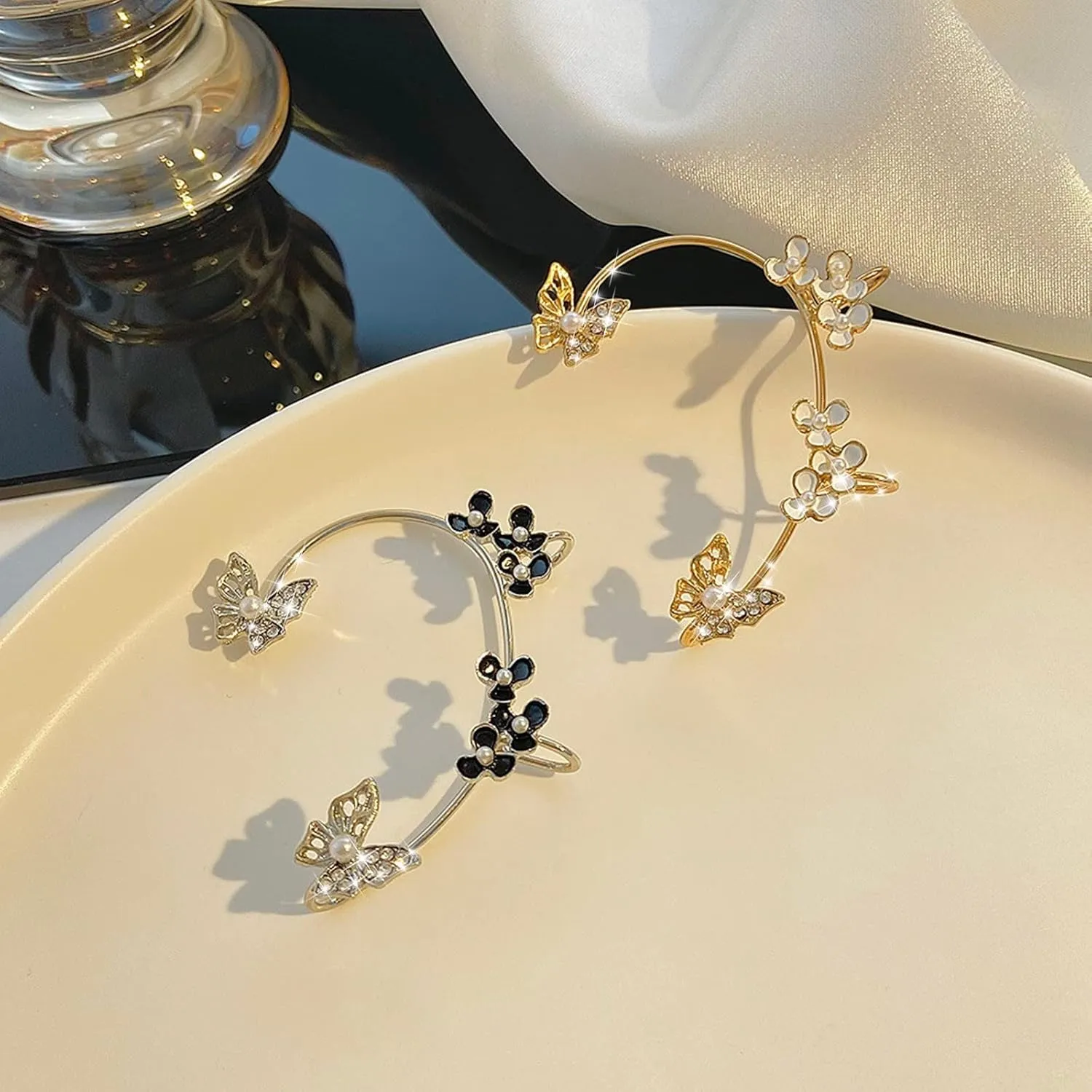 Butterfly Floral Clip-on Earrings Dainty Pearls Wrap Around Earrings Cubic Zirconia Anniversary Earrings for Women