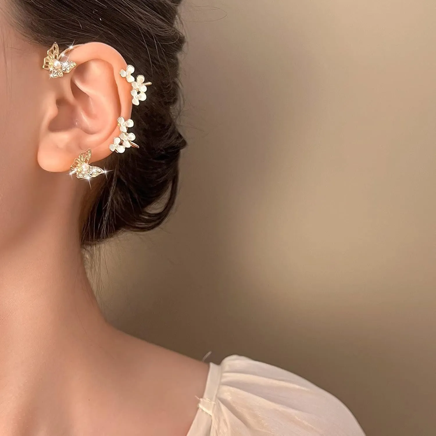 Butterfly Floral Clip-on Earrings Dainty Pearls Wrap Around Earrings Cubic Zirconia Anniversary Earrings for Women