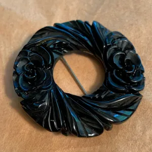 Carved Black Bakelite Pin, Roses