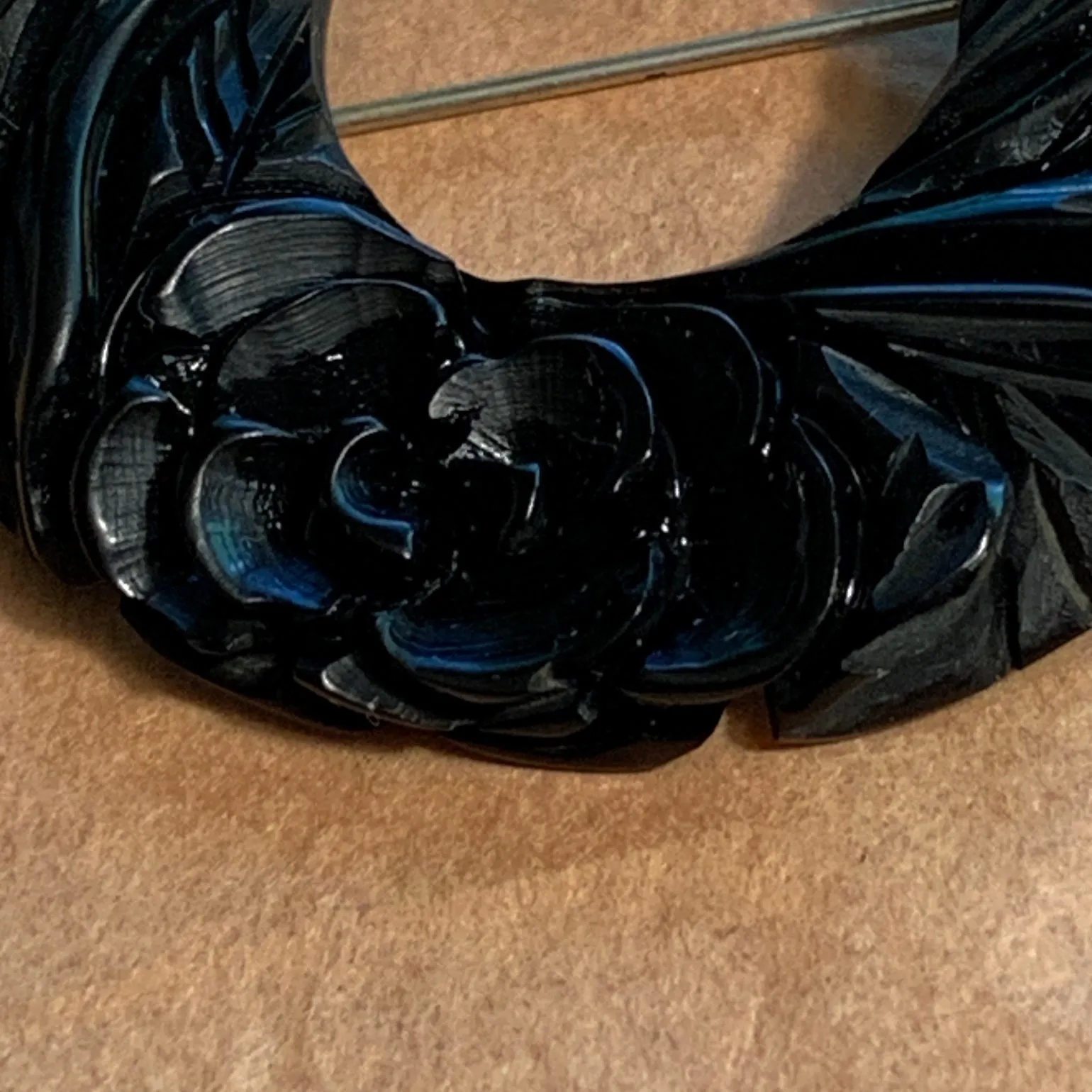 Carved Black Bakelite Pin, Roses