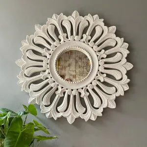 Carved Round Wall Mirror - White