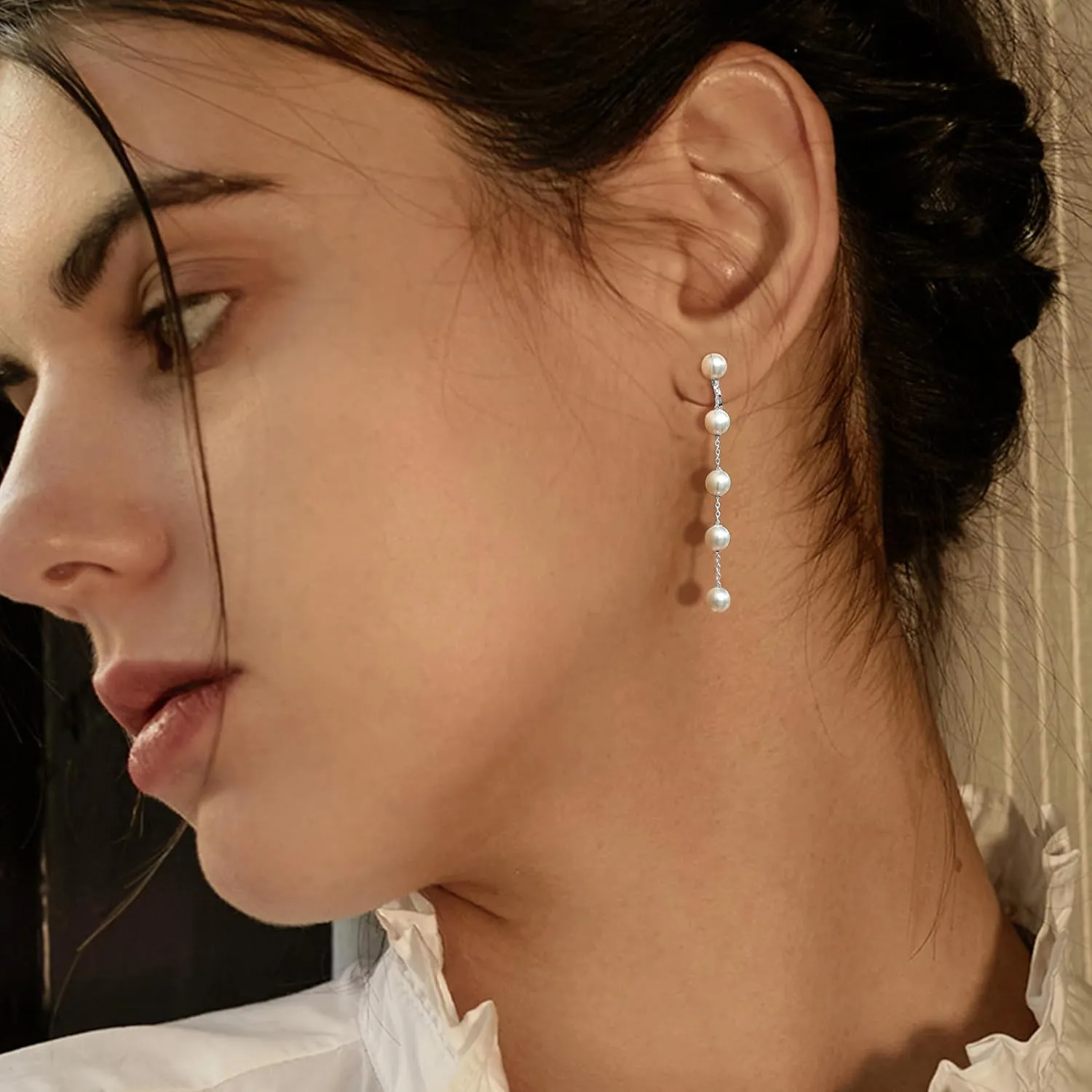 CASSIECA 14K Gold Plated Clip on Pearl Earrings for Women Girls - Long Dangle Pearl Drop Ear Clips for Wedding, Bridal Gifts