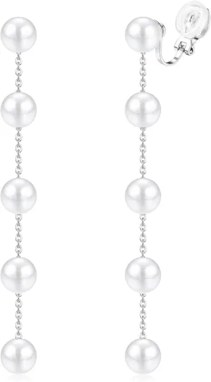 CASSIECA 14K Gold Plated Clip on Pearl Earrings for Women Girls - Long Dangle Pearl Drop Ear Clips for Wedding, Bridal Gifts