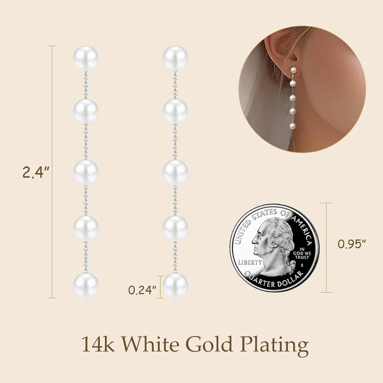 CASSIECA 14K Gold Plated Clip on Pearl Earrings for Women Girls - Long Dangle Pearl Drop Ear Clips for Wedding, Bridal Gifts