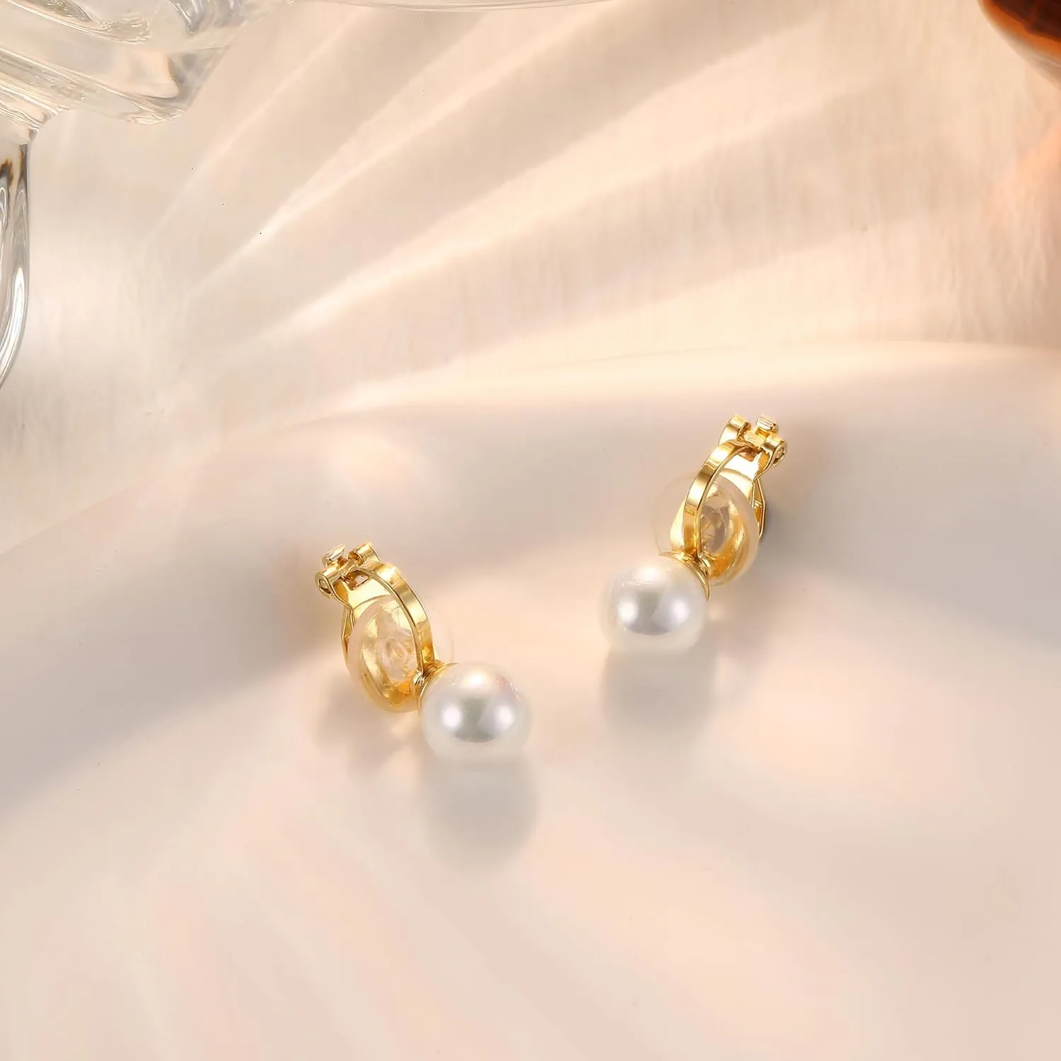 CASSIECA 14K Gold Plated Clip on Pearl Earrings for Women Girls - Long Dangle Pearl Drop Ear Clips for Wedding, Bridal Gifts