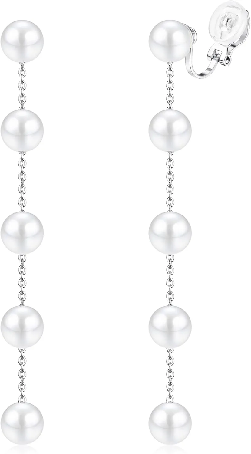 CASSIECA 14K Gold Plated Clip on Pearl Earrings for Women Girls - Long Dangle Pearl Drop Ear Clips for Wedding, Bridal Gifts