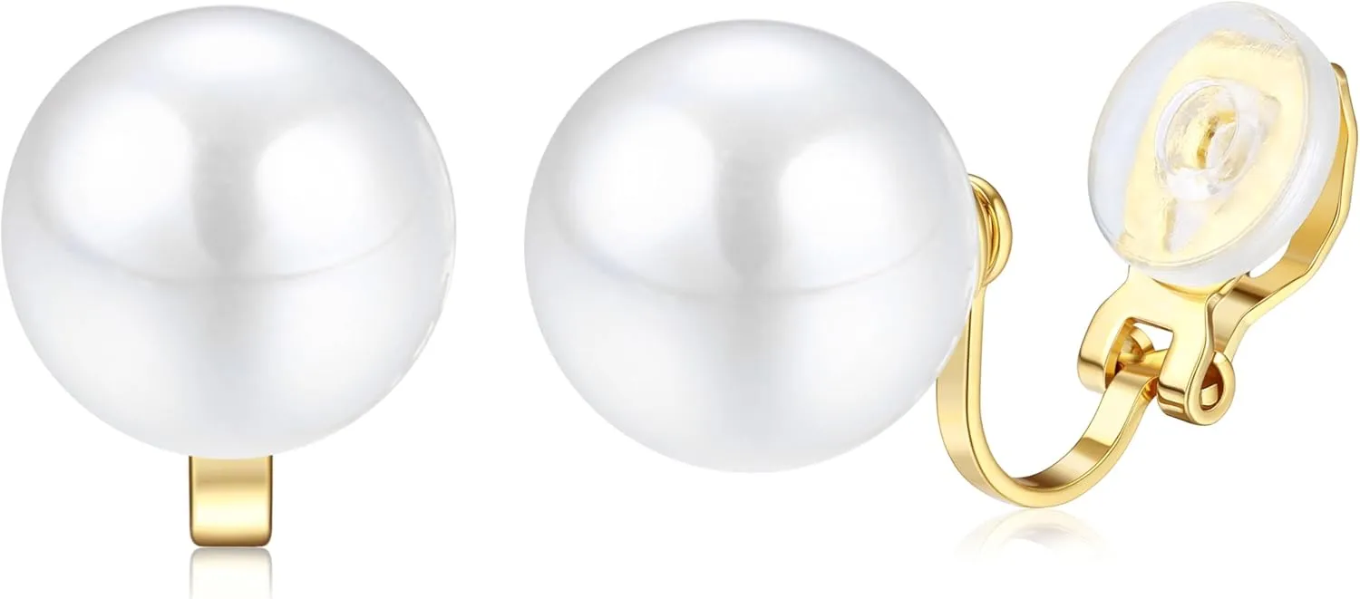 CASSIECA 14K Gold Plated Clip on Pearl Earrings for Women Girls - Long Dangle Pearl Drop Ear Clips for Wedding, Bridal Gifts