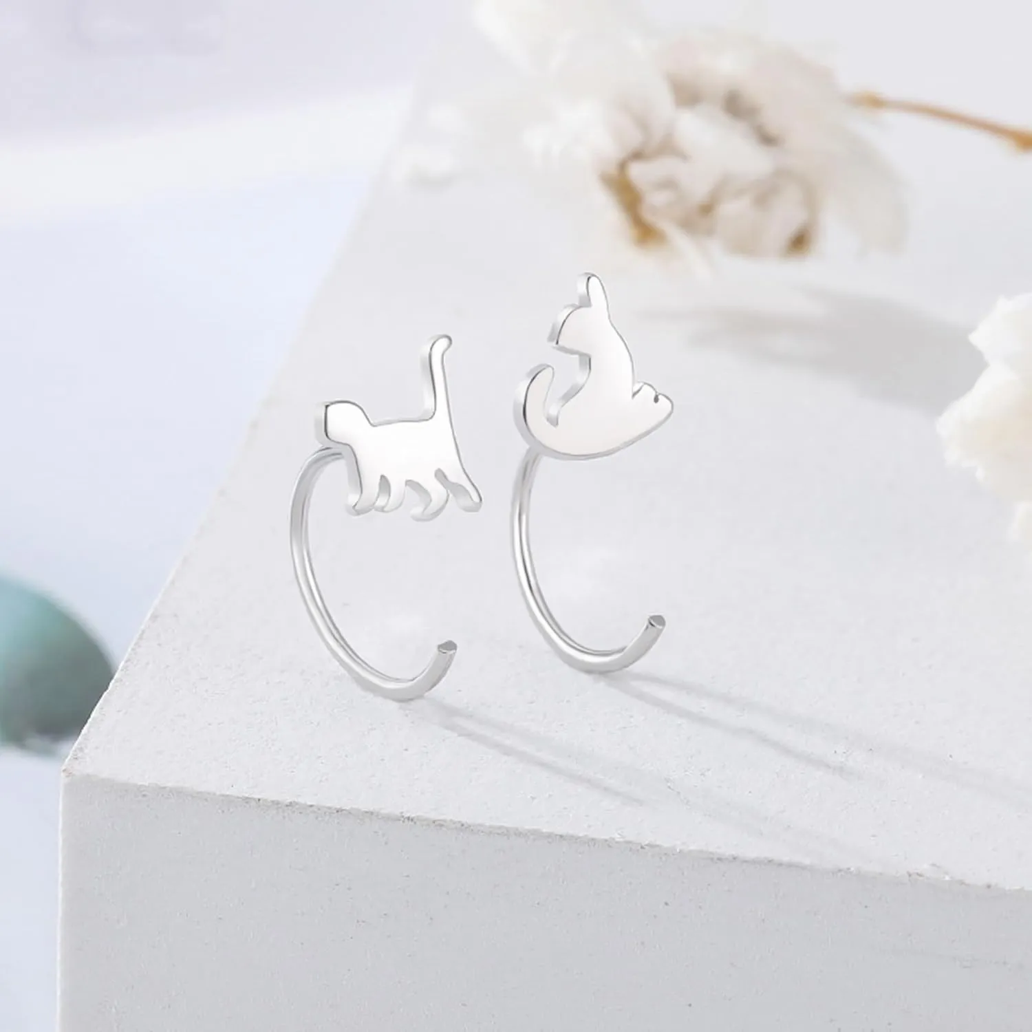 Cat Half Hoop Earrings for Women 925 Sterling Silver Comfy C Hoops for Cartilage Comfortable Earring to Sleep In Hypoallergenic Open Huggies