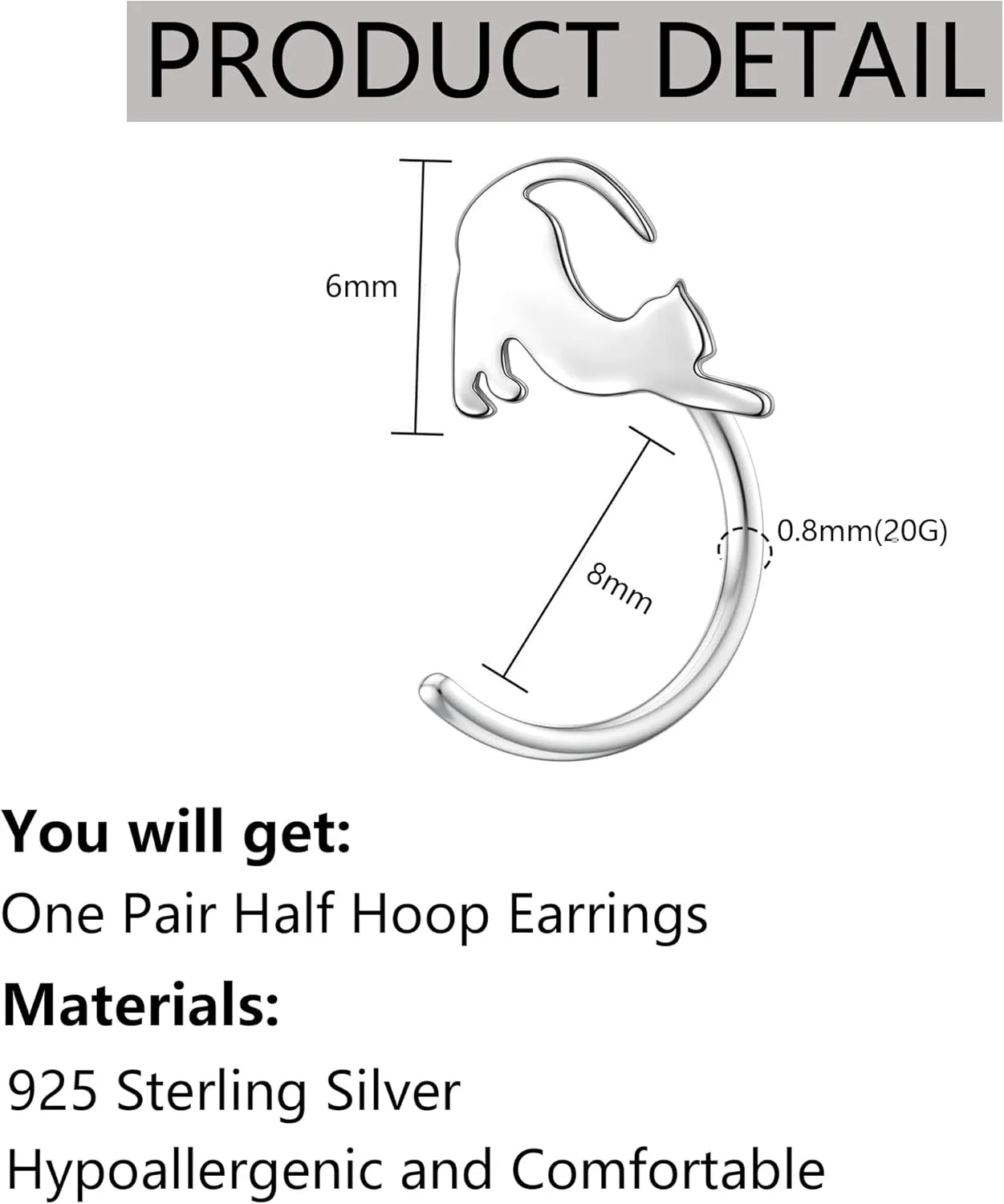 Cat Half Hoop Earrings for Women 925 Sterling Silver Comfy C Hoops for Cartilage Comfortable Earring to Sleep In Hypoallergenic Open Huggies