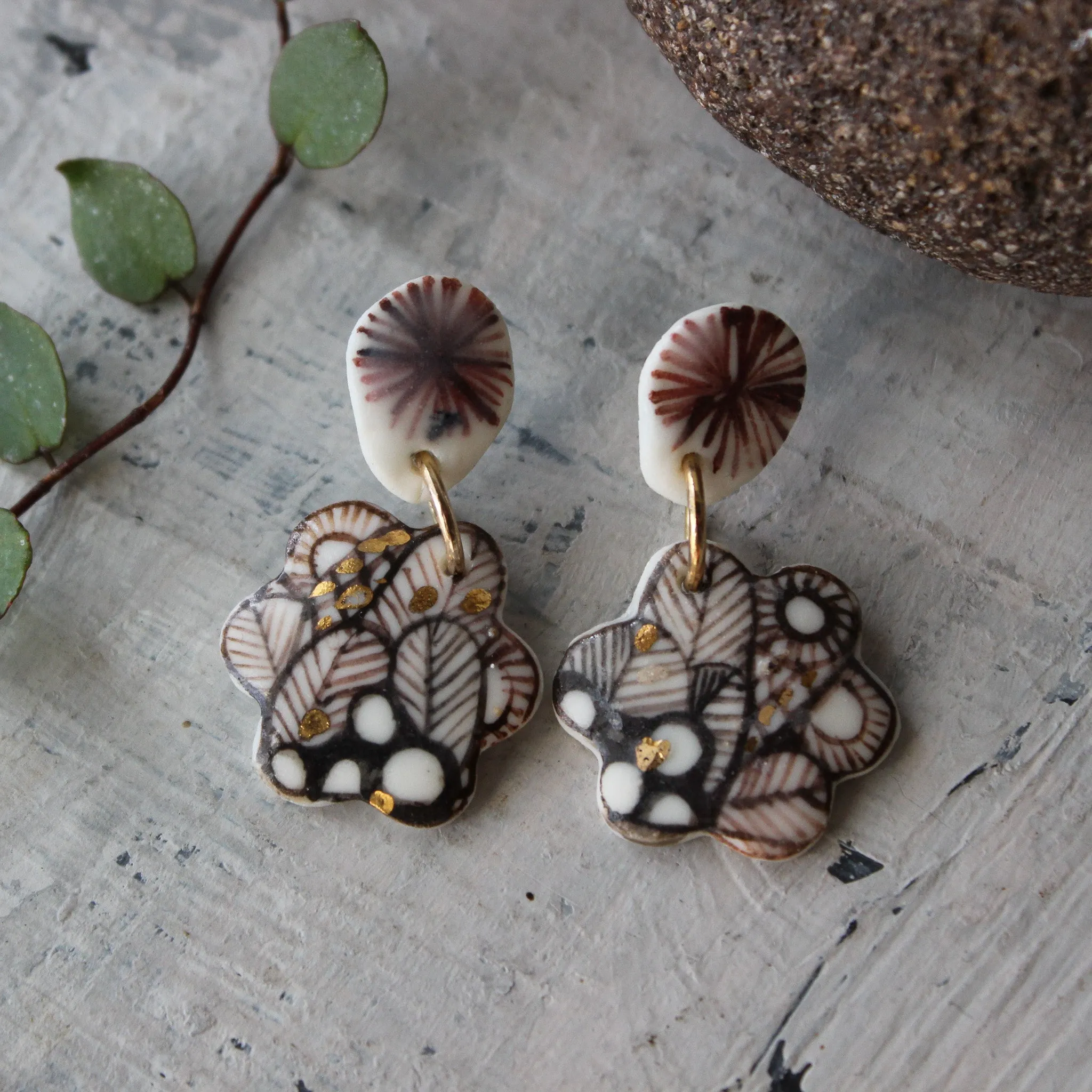 Ceramic Earrings Double Sepia Studs