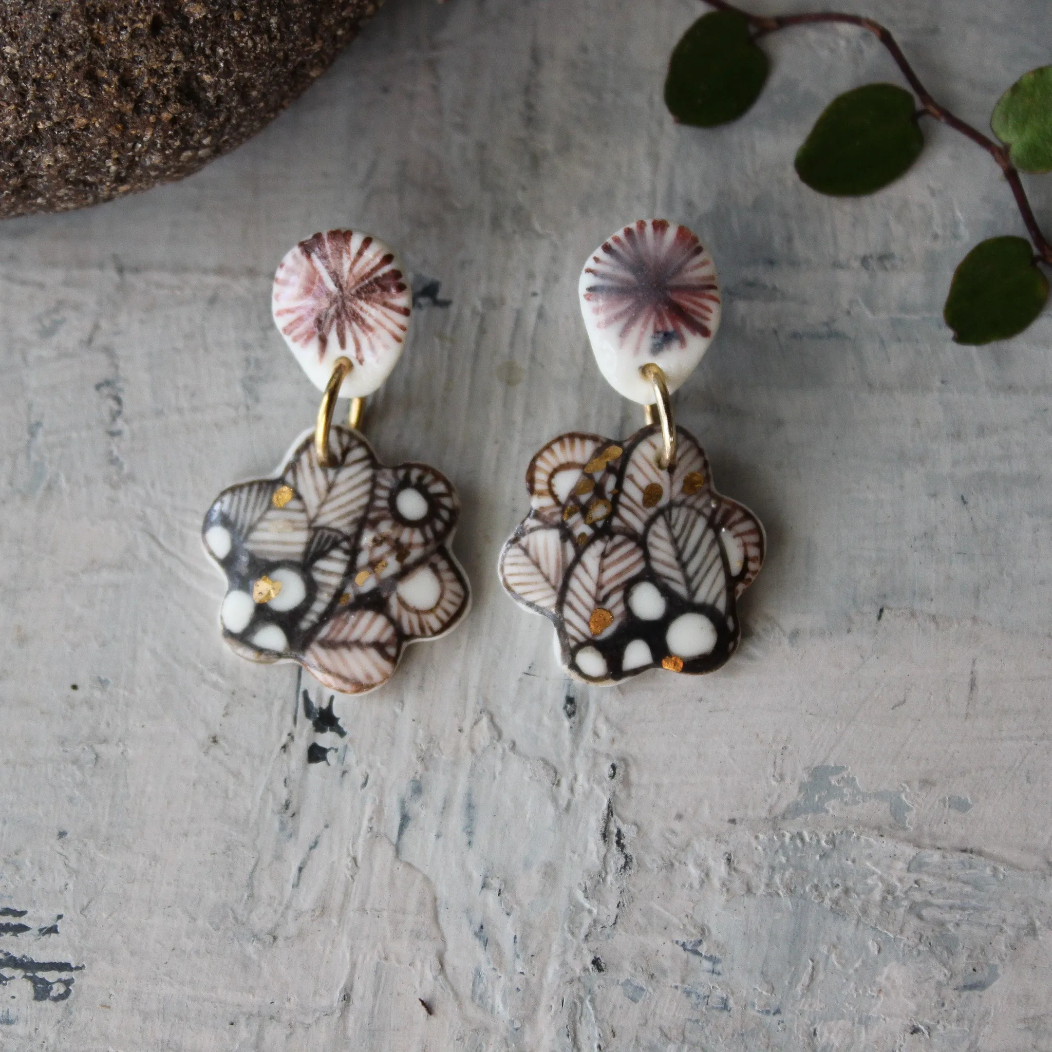 Ceramic Earrings Double Sepia Studs