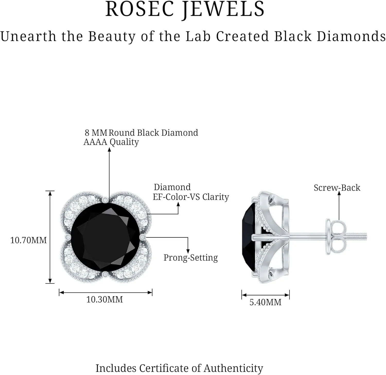 Certified 8 mm Lab Grown Black and White Diamond Earrings, Aaaa Quality, Black Diamond Stud Earrings - Ready To Gift