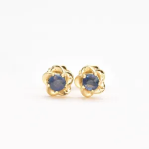 Certified Sapphire Earrings - Solid 14k Gold Sapphire Studs - Dainty Flower Gold Earrings