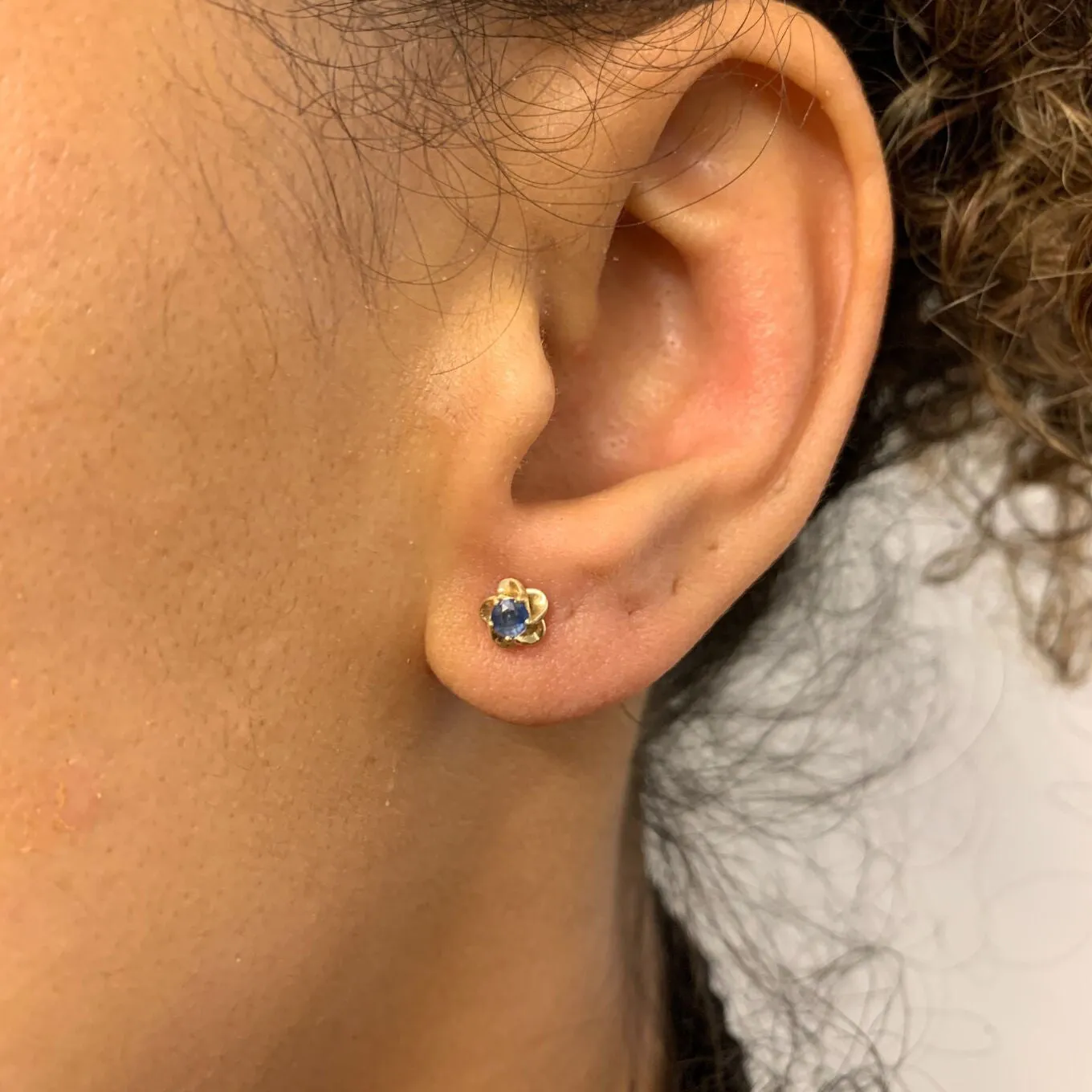 Certified Sapphire Earrings - Solid 14k Gold Sapphire Studs - Dainty Flower Gold Earrings