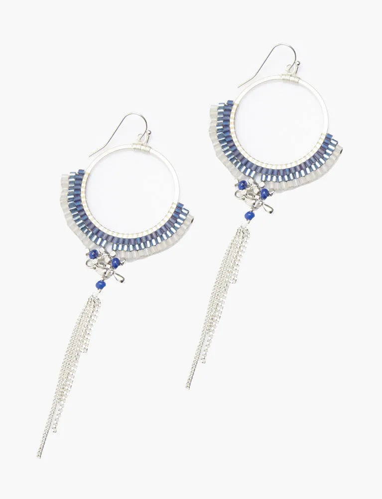 Chain Tassel Fan Drop Blue Earrings