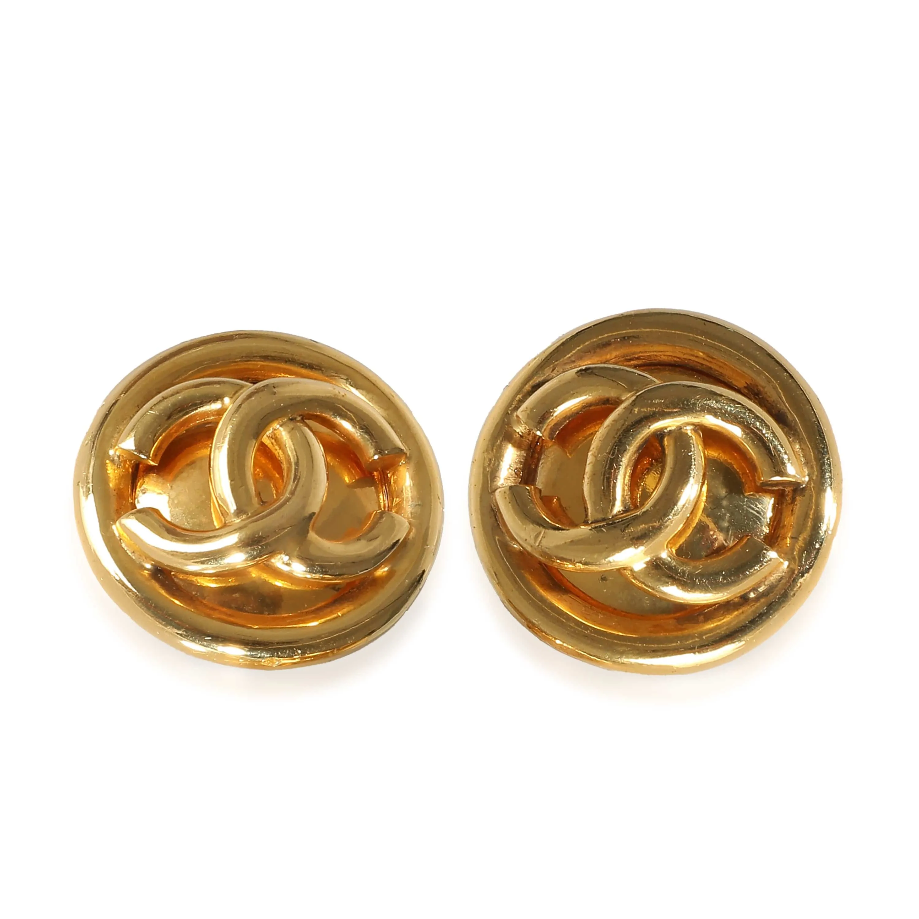 Chanel 1995 24k Gold Gilded CC Button Clip On Earrings ASC5200