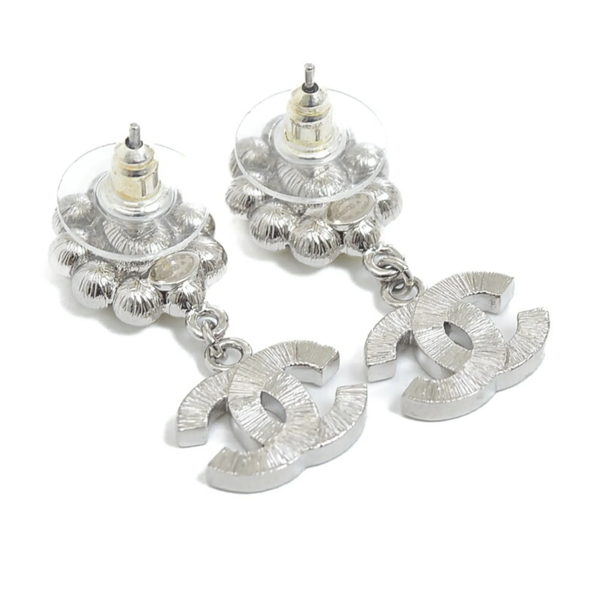 CHANEL Cocomark Pearl Earrings Metal Silver B23A
