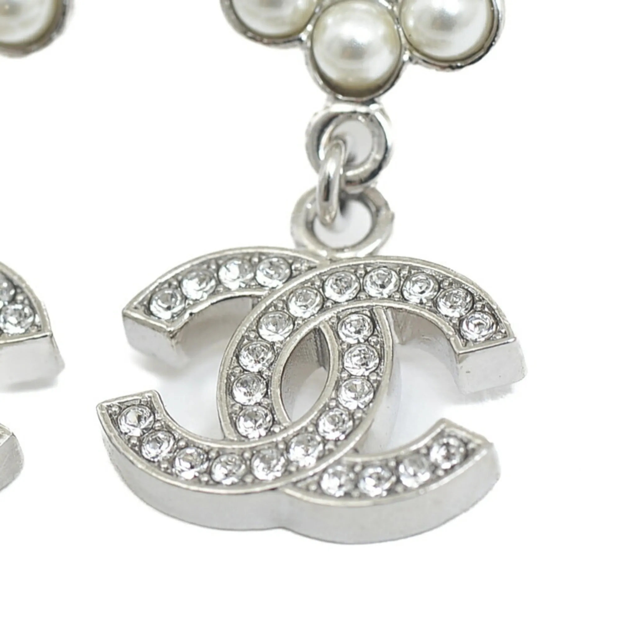 CHANEL Cocomark Pearl Earrings Metal Silver B23A