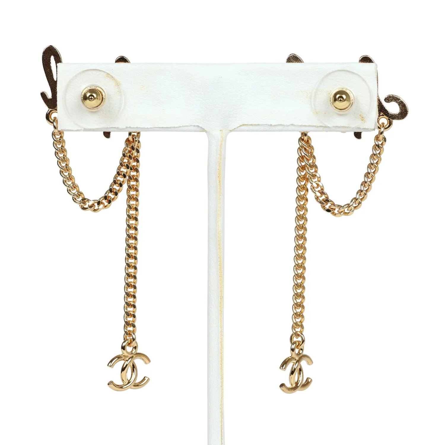 Chanel Logo Drop Chain Earrings Gold Metal