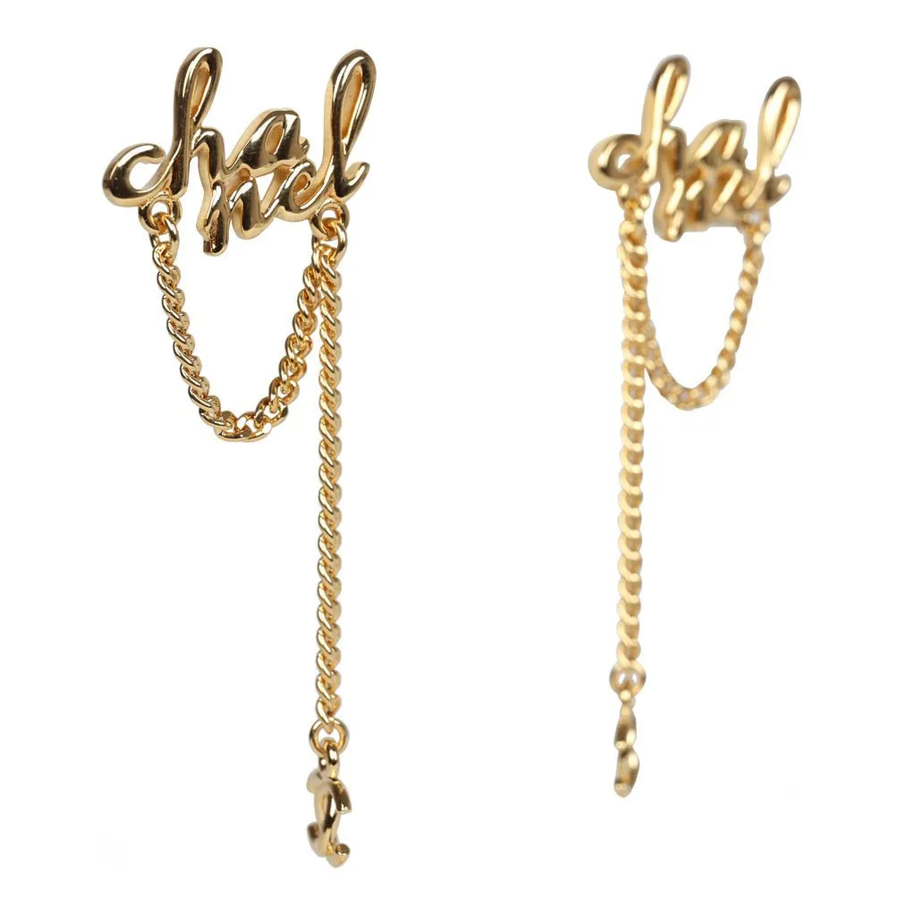 Chanel Logo Drop Chain Earrings Gold Metal