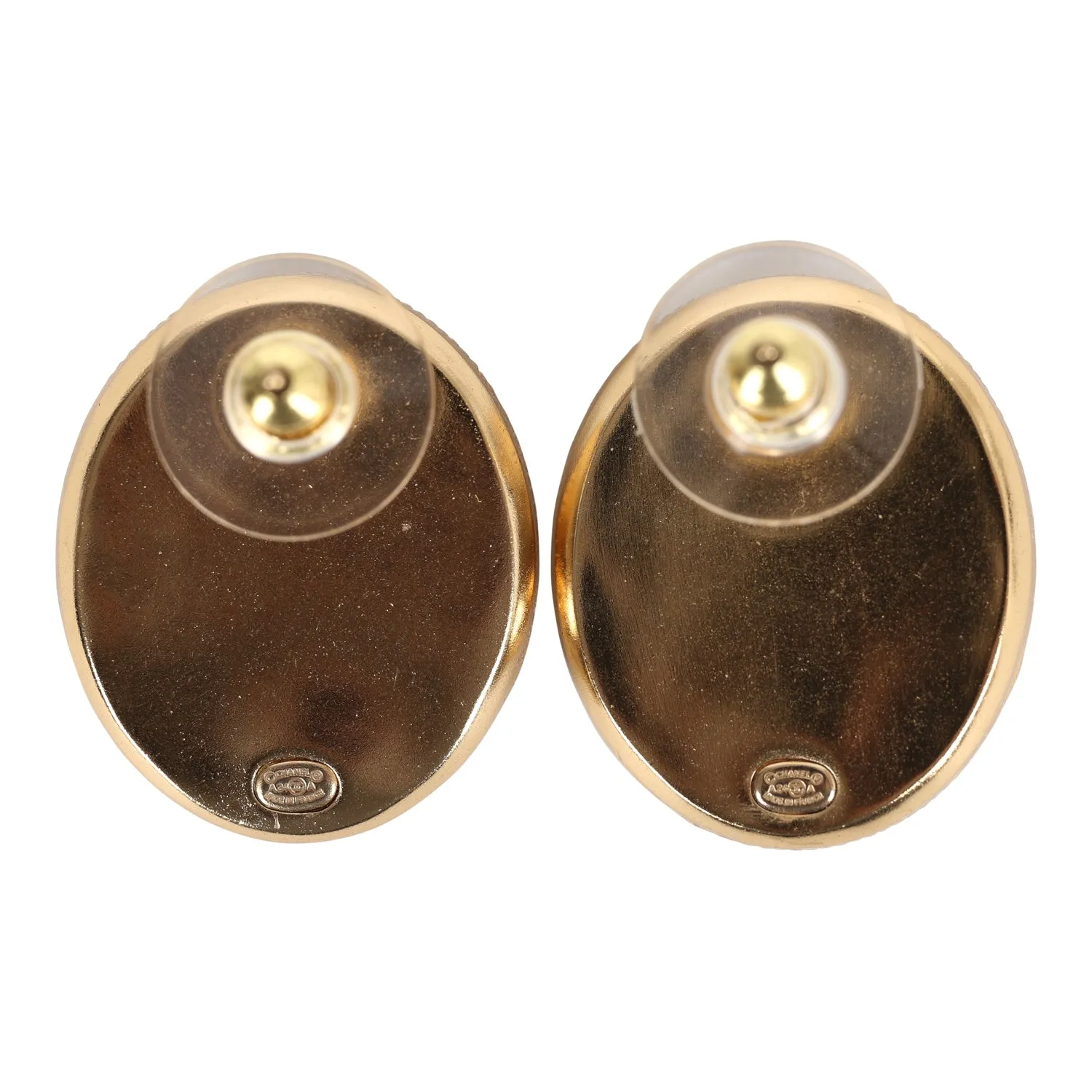 Chanel Oval CC Leather Earrings Black Gold Hardware