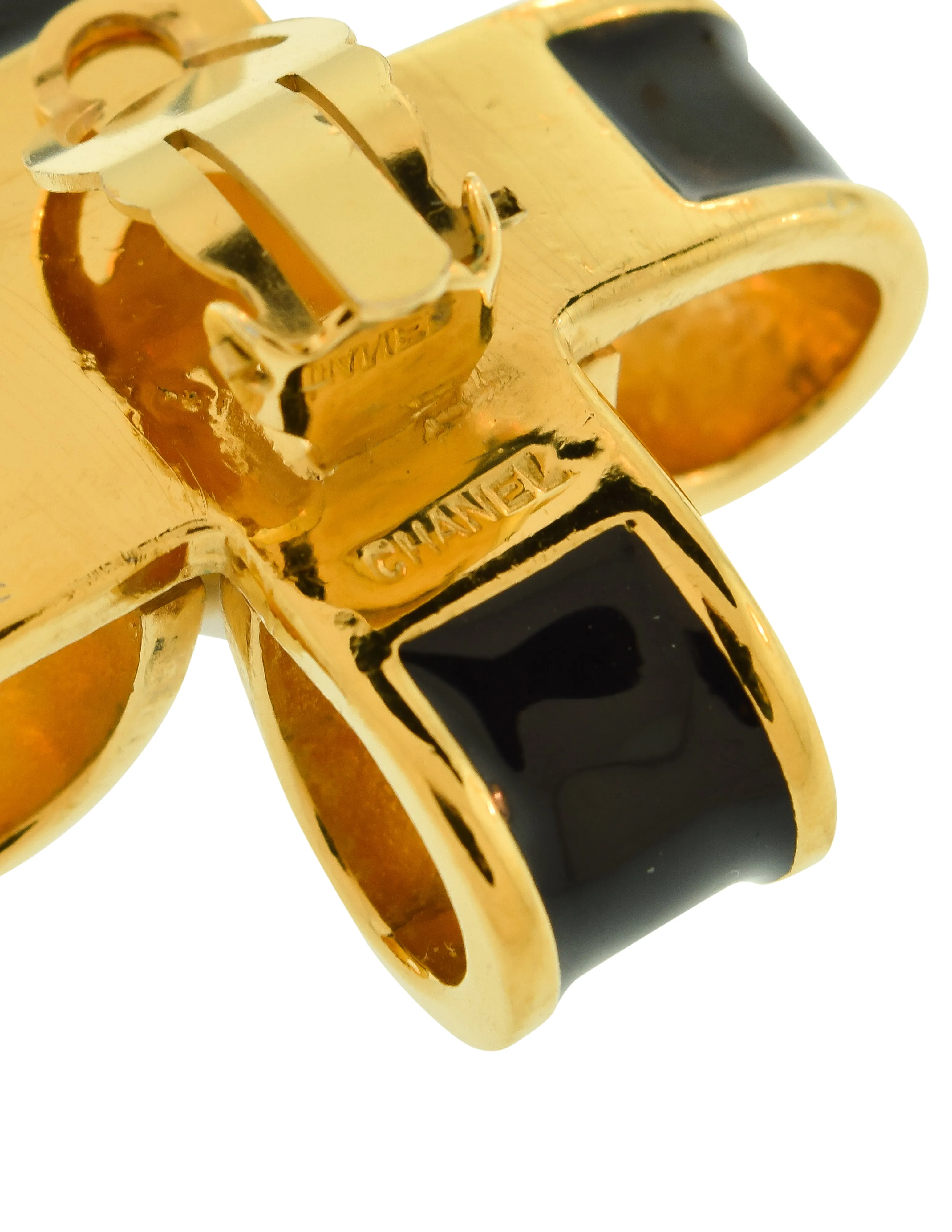 Chanel Vintage 1970s Black Enamel Golden Pearl Bow Earrings