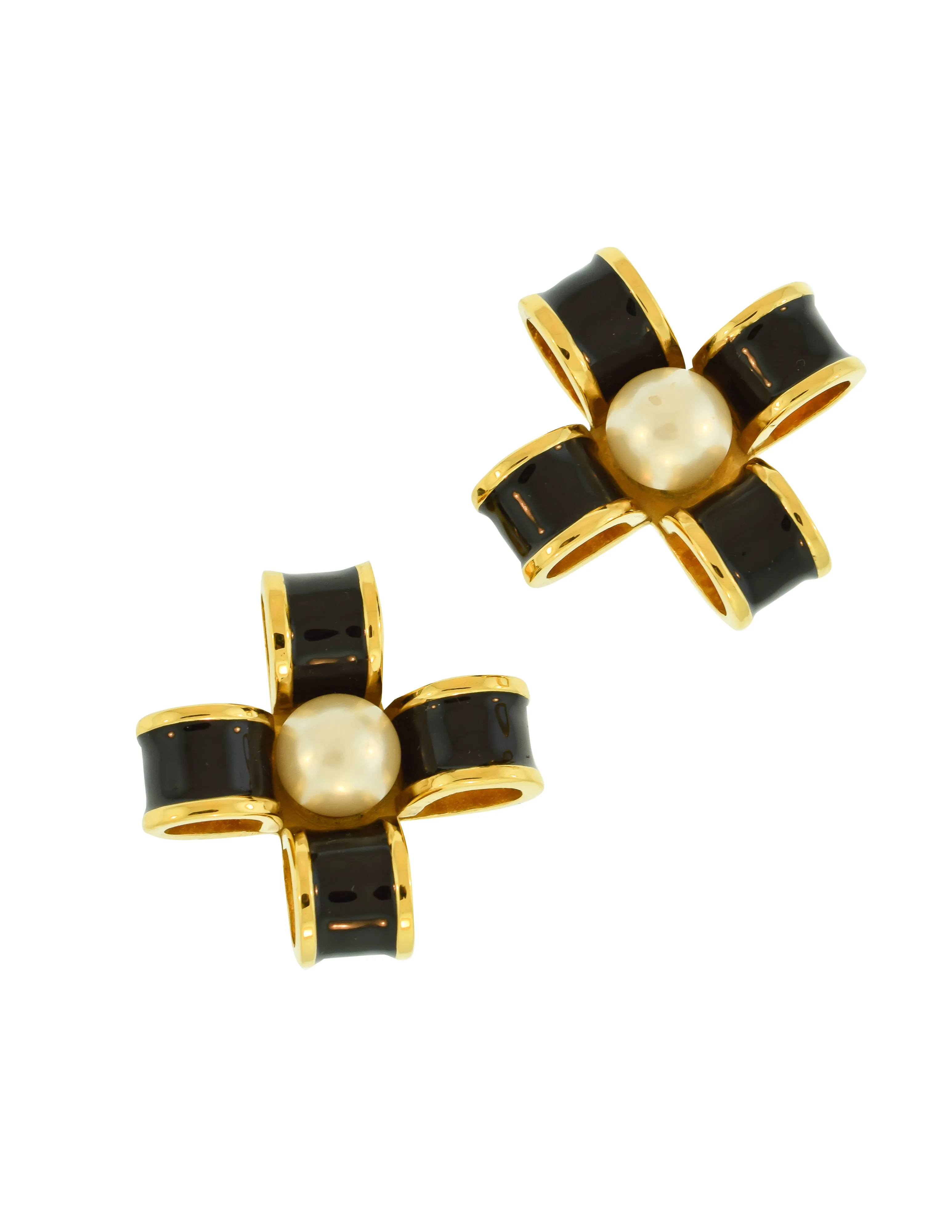 Chanel Vintage 1970s Black Enamel Golden Pearl Bow Earrings