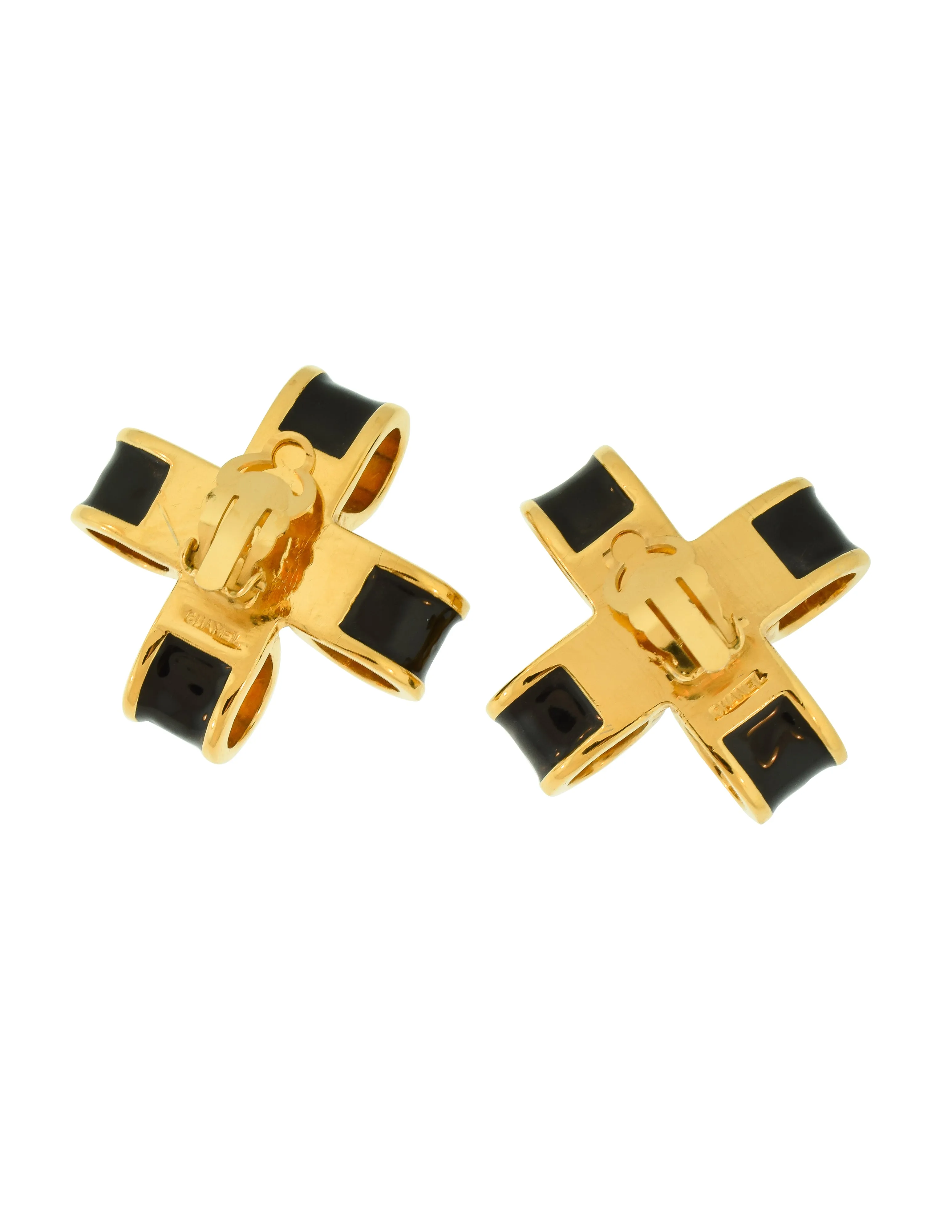 Chanel Vintage 1970s Black Enamel Golden Pearl Bow Earrings