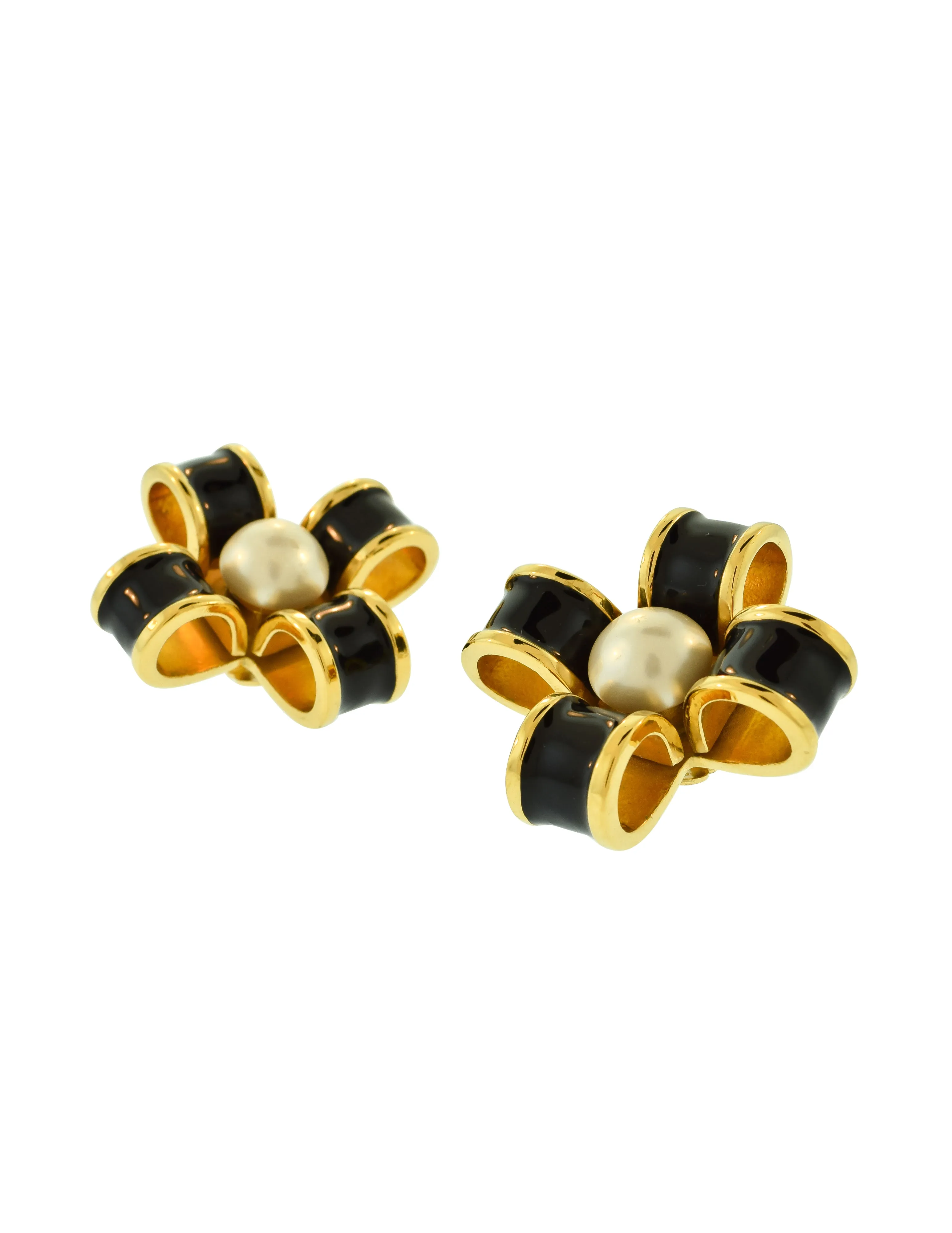 Chanel Vintage 1970s Black Enamel Golden Pearl Bow Earrings