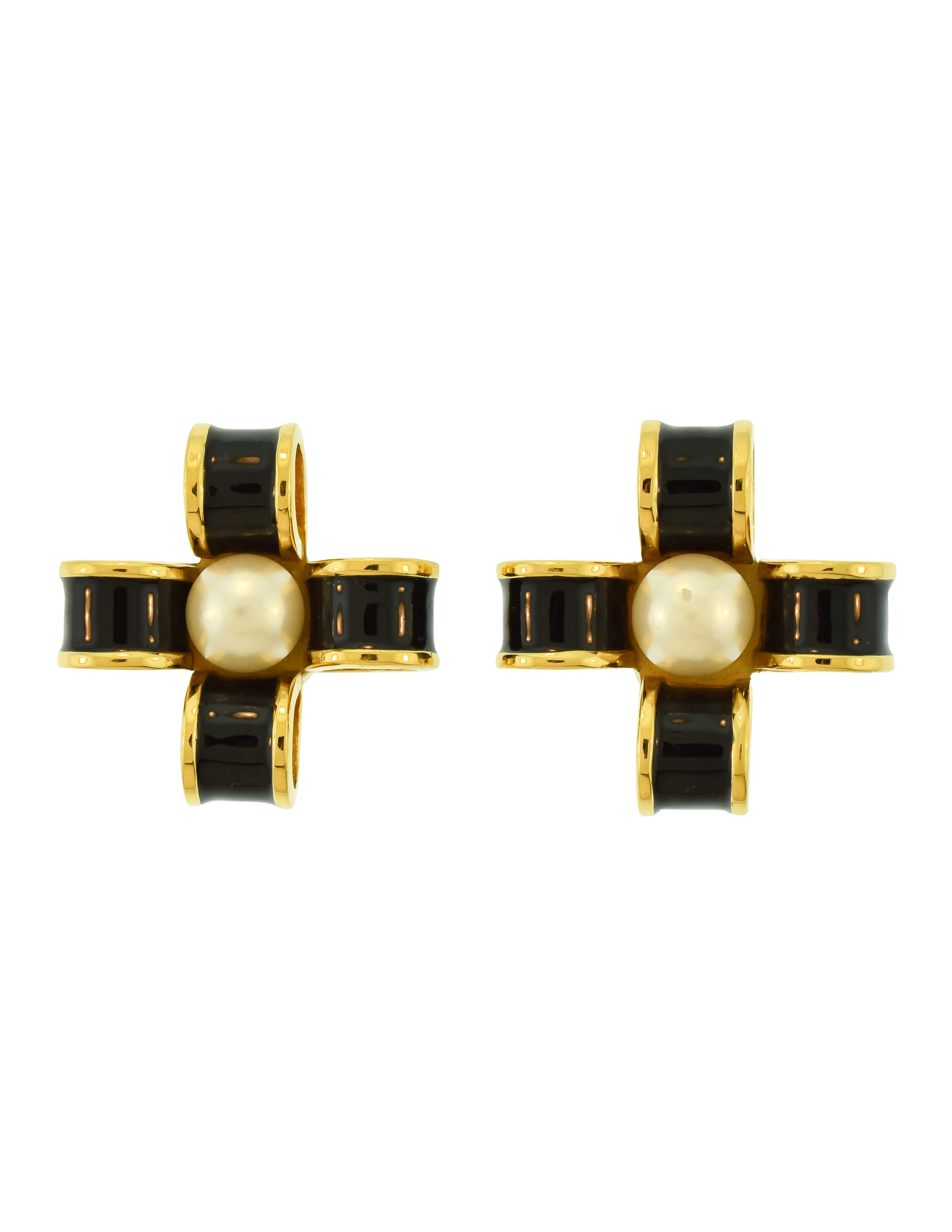 Chanel Vintage 1970s Black Enamel Golden Pearl Bow Earrings
