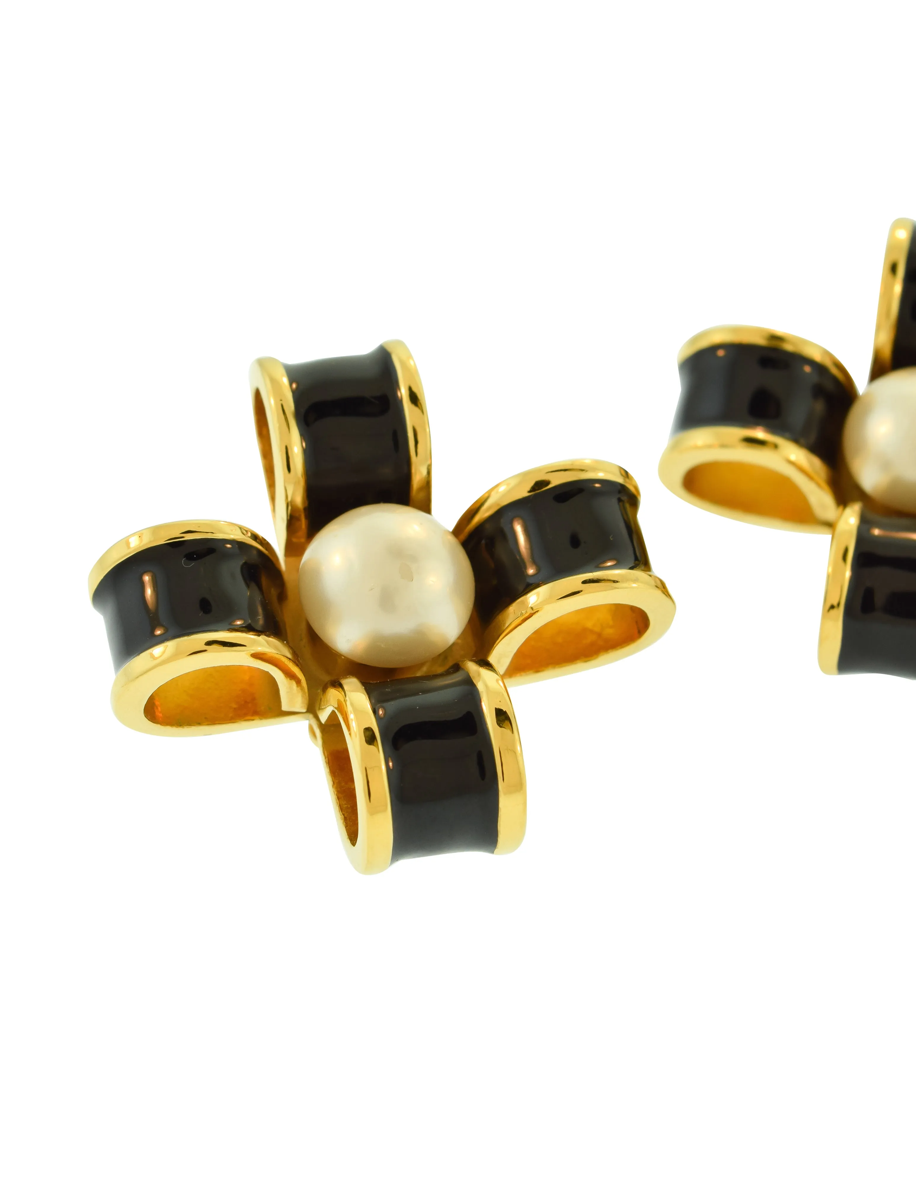 Chanel Vintage 1970s Black Enamel Golden Pearl Bow Earrings
