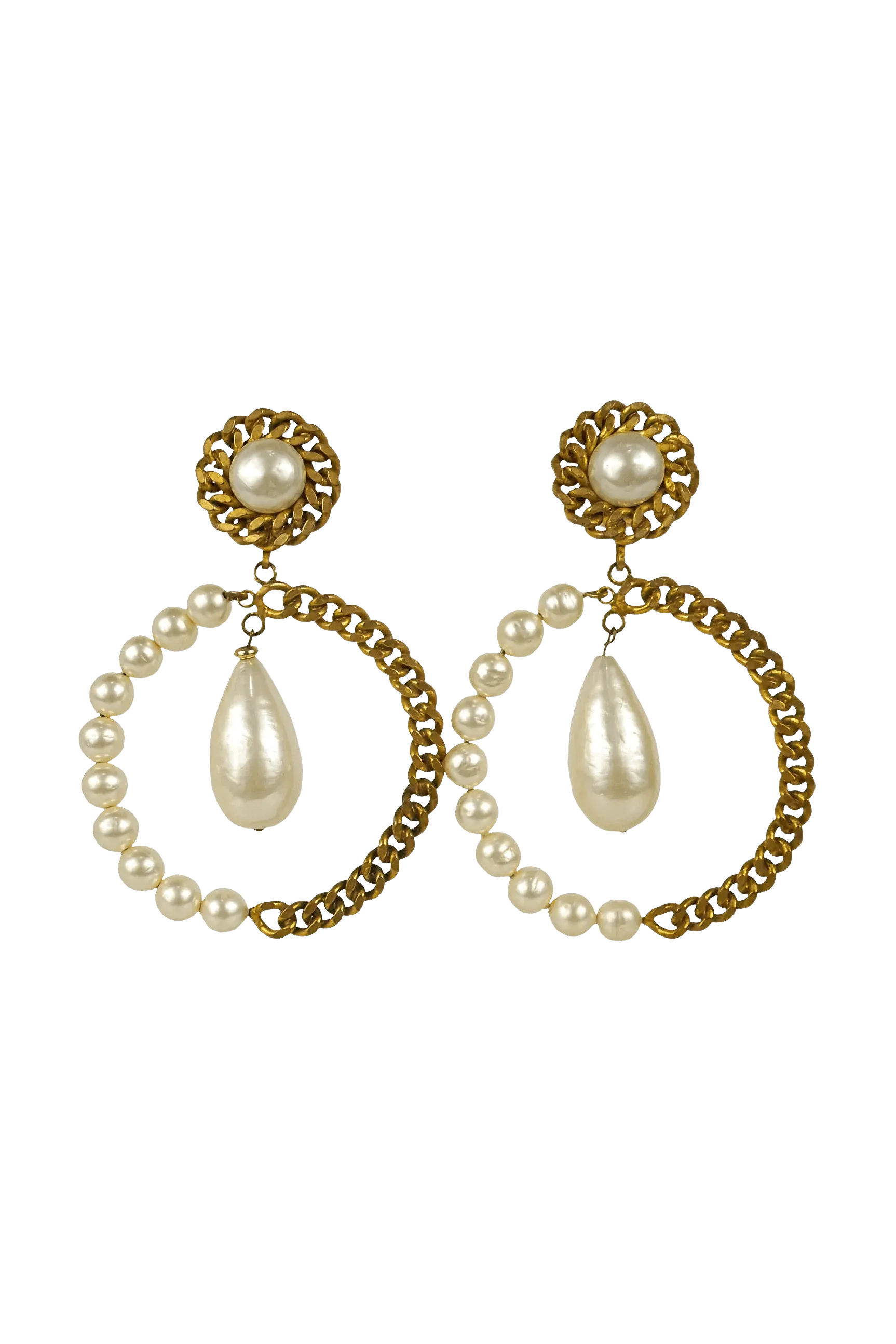 Chanel Vintage 1970's Large Chain and Pearl Drop Earrings