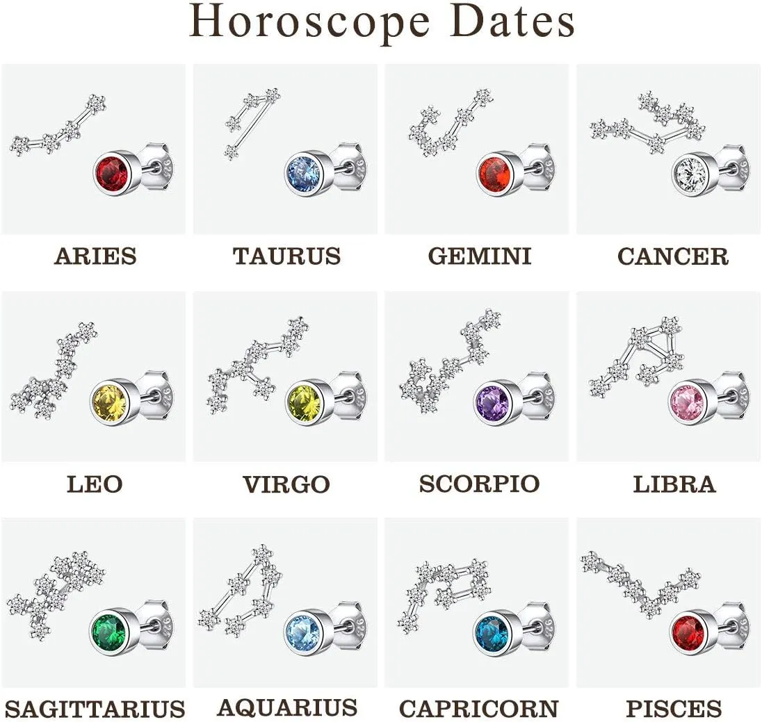 ChicSilver Zodiac Birthstone Asymmetrical Stud Earrings Hypoallergenic 925 Sterling Silver Constellation Earrings for Women(with Gift Box)