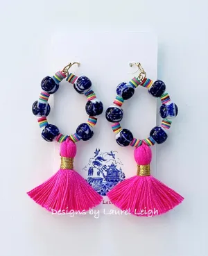 Chinoiserie Multi Hot Pink Tassel Hoop Earrings