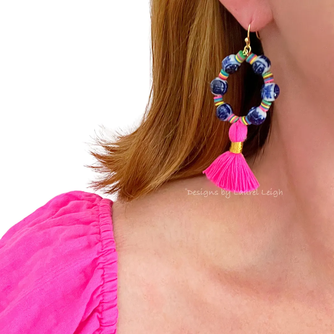 Chinoiserie Multi Hot Pink Tassel Hoop Earrings