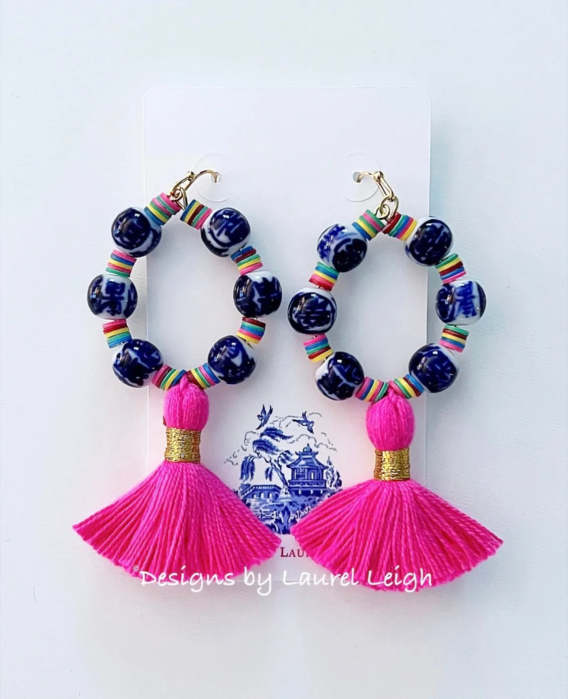 Chinoiserie Multi Hot Pink Tassel Hoop Earrings