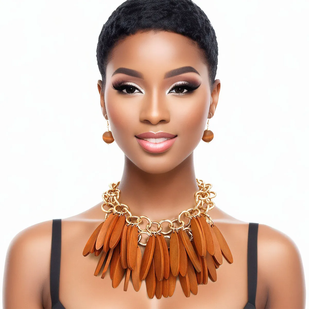 Choker Tribal Brown Wood Fringe Layered Set Women