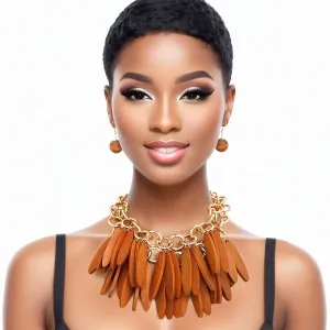 Choker Tribal Brown Wood Fringe Layered Set Women