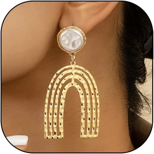 Chunky Gold Thick Earrings for Women Trendy Vintage Victorian Pearl Geometric Drop Dangle Earrings