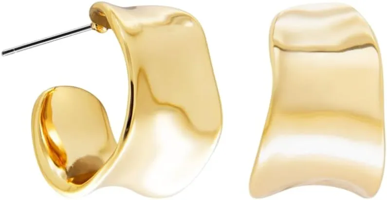 Chunky Hoop Earrings 18K Gold Plated for Women – Minimalist Wide Huggie Hoops, Bold Retro Statement Earrings, Lightweight & Hypoallergenic Jewelry for Everyday Wear