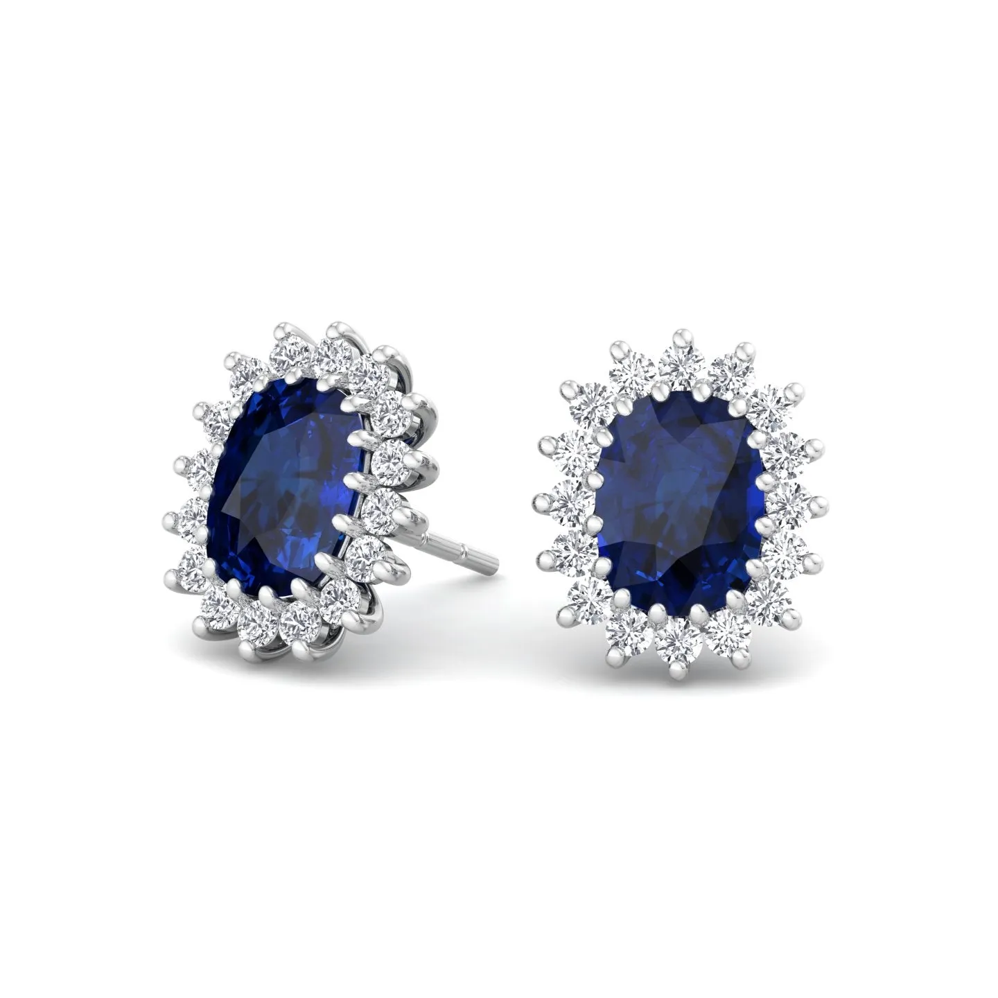 Cielo - Oval Cut Sapphire and Diamond Halo Flower Style Earrings
