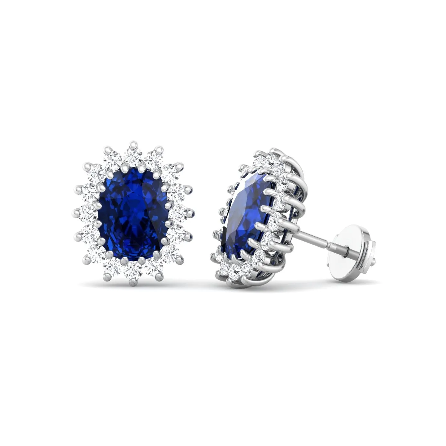 Cielo - Oval Cut Sapphire and Diamond Halo Flower Style Earrings