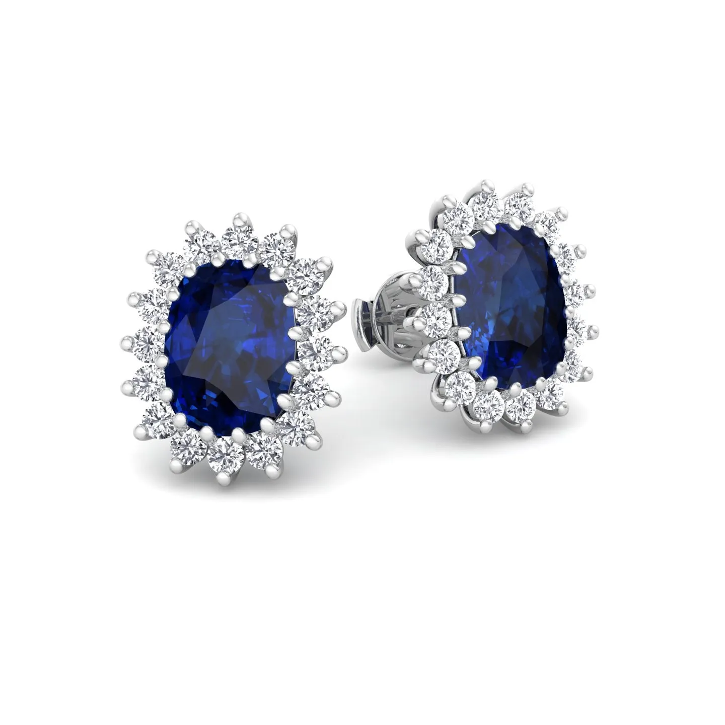 Cielo - Oval Cut Sapphire and Diamond Halo Flower Style Earrings