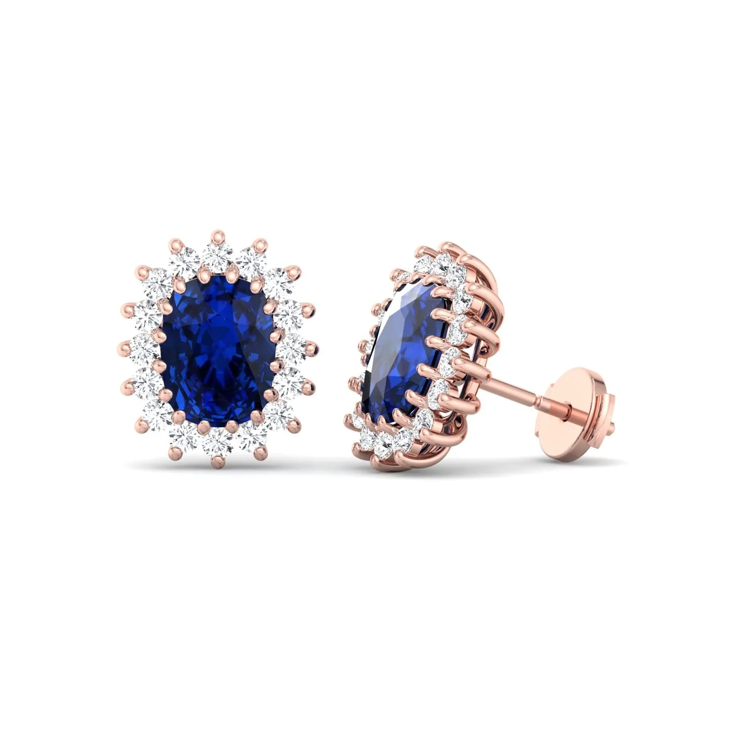 Cielo - Oval Cut Sapphire and Diamond Halo Flower Style Earrings