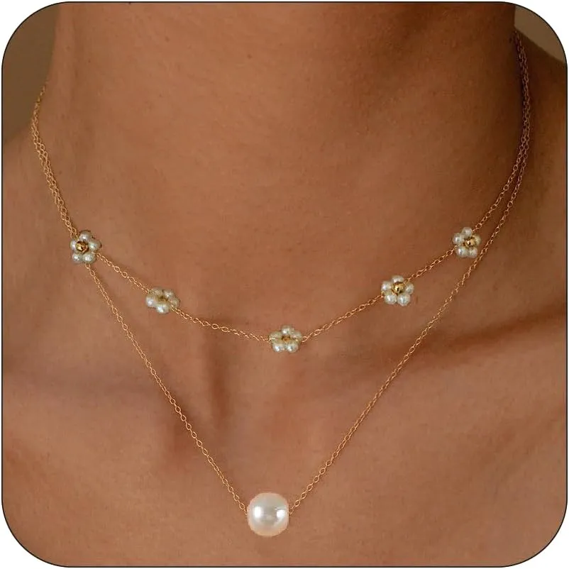 CJIAYUJEW Gold Pearl Necklaces Set for Women Gold Layered Pearl Daisy Necklaces Dainty Pearl Choker Pearl Earrings Gold Pearl Necklace Wedding Trendy Jewelry Set for Women