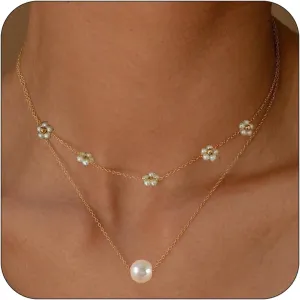 CJIAYUJEW Gold Pearl Necklaces Set for Women Gold Layered Pearl Daisy Necklaces Dainty Pearl Choker Pearl Earrings Gold Pearl Necklace Wedding Trendy Jewelry Set for Women