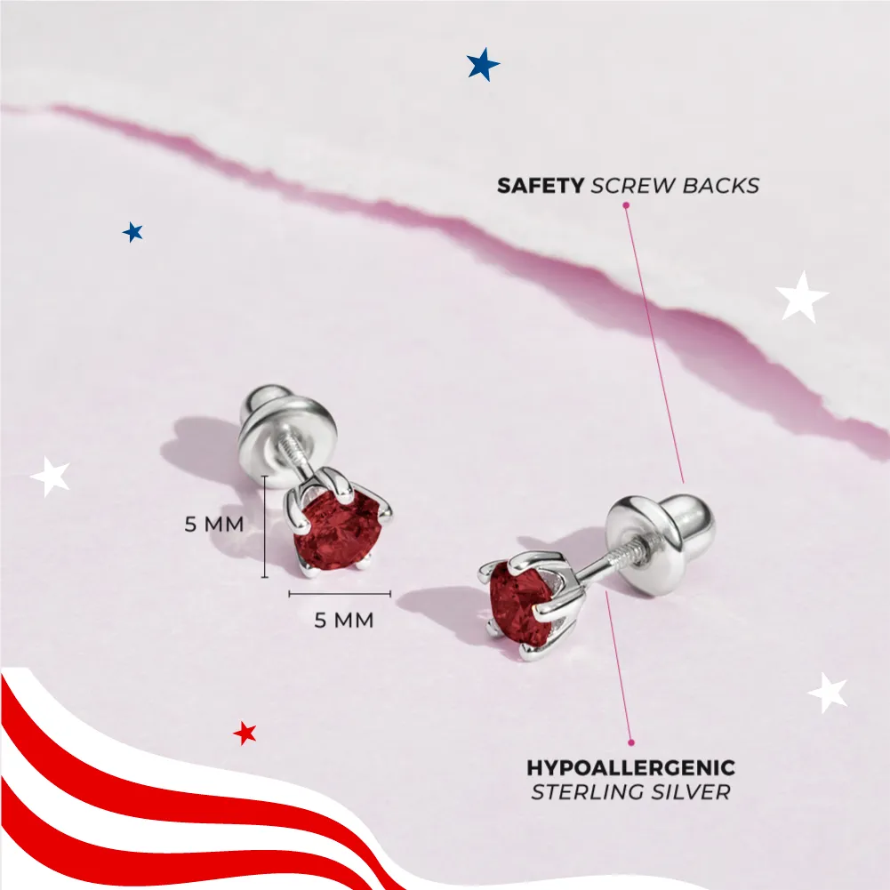 Classic CZ Birthstone Solitaire 4mm January Garnet Capricorn Baby / Toddler / Kids Earrings Screw Back - Sterling Silver