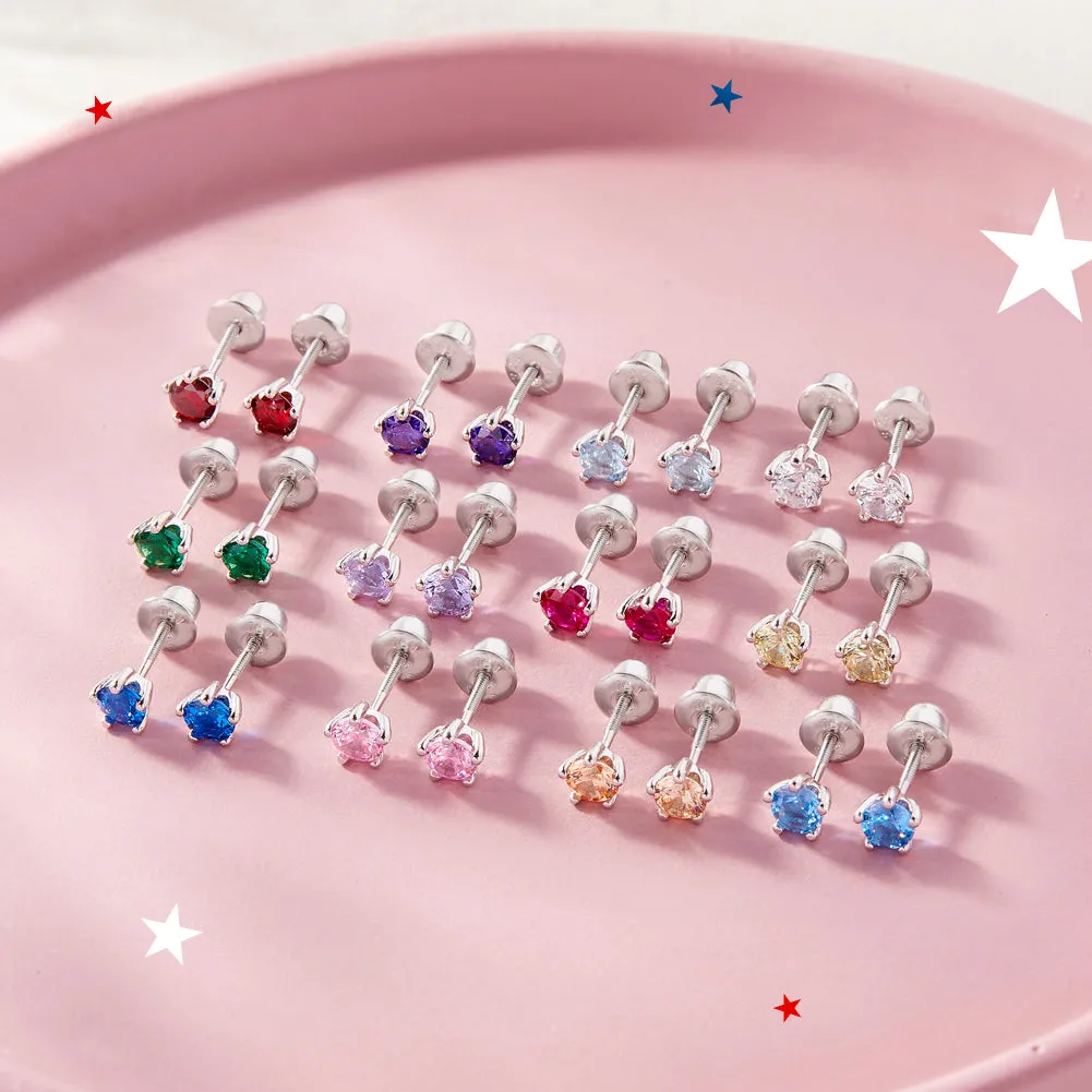 Classic CZ Birthstone Solitaire 4mm January Garnet Capricorn Baby / Toddler / Kids Earrings Screw Back - Sterling Silver