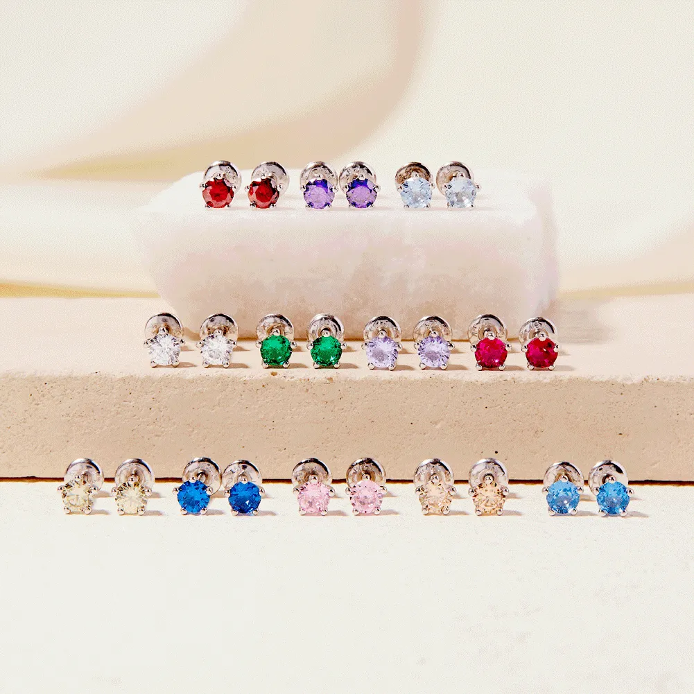 Classic CZ Birthstone Solitaire 4mm January Garnet Capricorn Baby / Toddler / Kids Earrings Screw Back - Sterling Silver