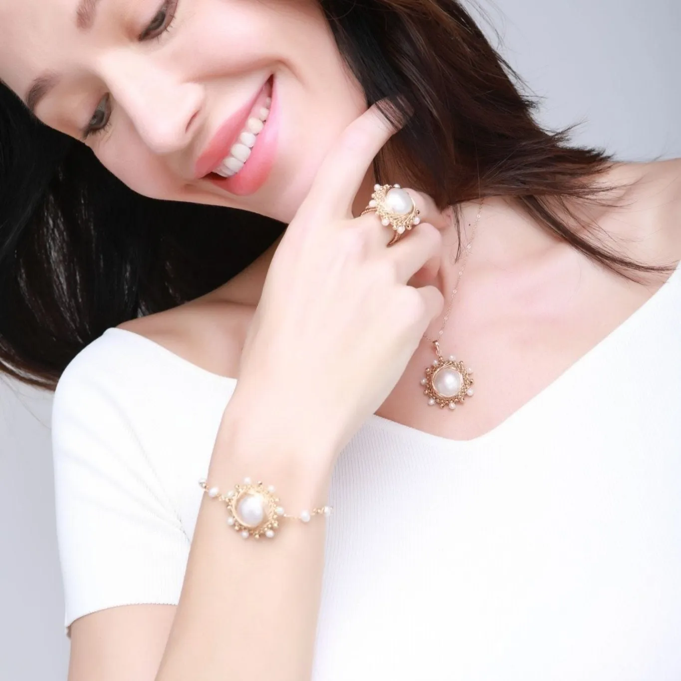 Classic Filigree Series Princess Lace Seawater Mabe Open Ring
